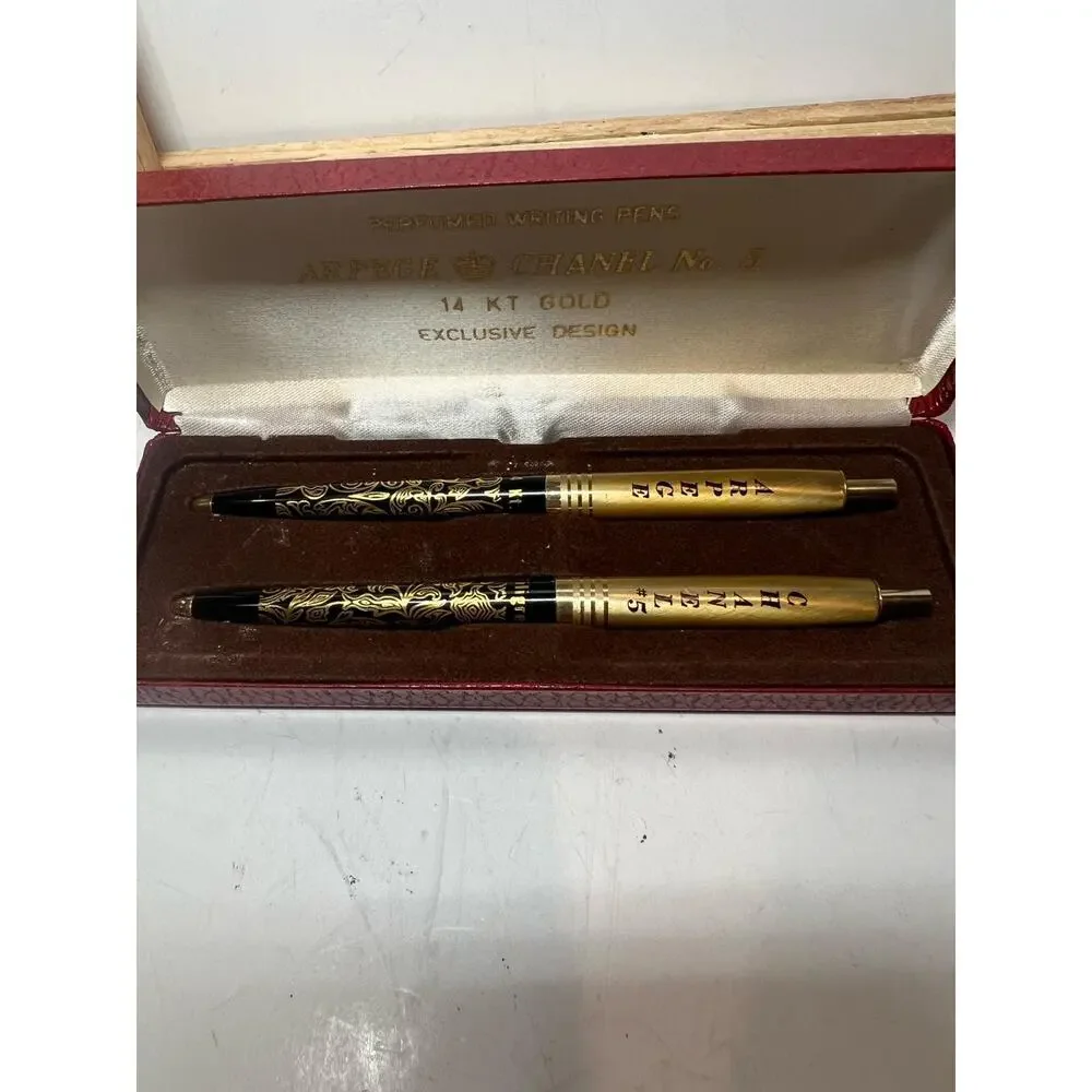 Vintage Chanel Arpege No. 5 14 KT Imprinted Gold Pen Set with Original Case